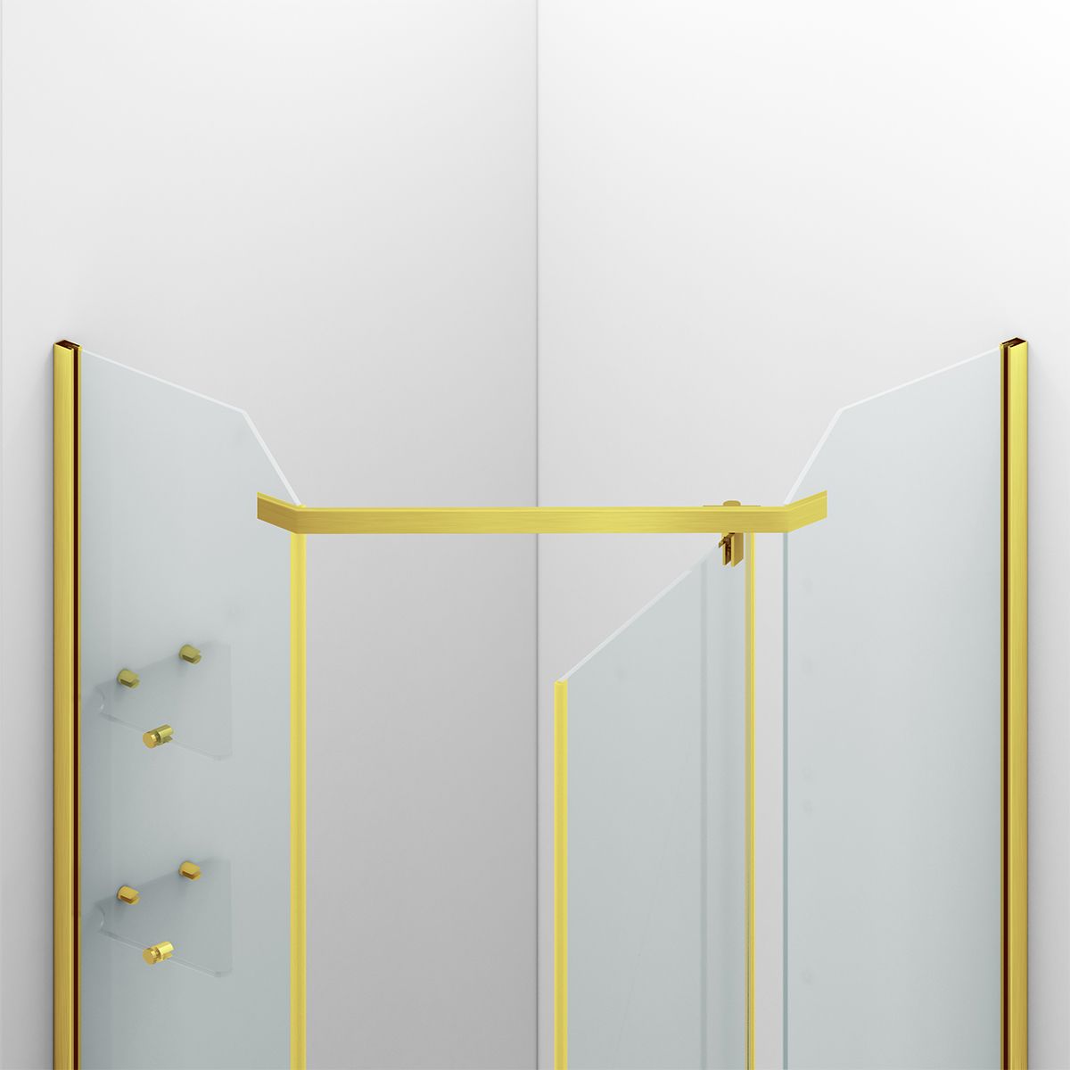 Cabina de dus, pentagonala, usa batanta, Auriu Mat, sticla 8 mm, suport prosoape, 2 rafturi, 90 x 90 cm, Nano Easy Clean, Leon