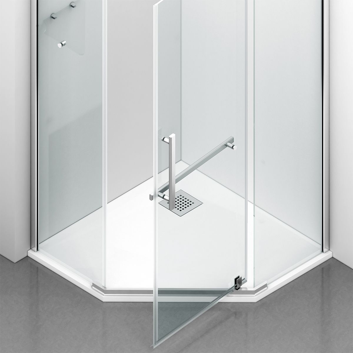 Cabina de dus, pentagonala, usa batanta, Crom, sticla 8 mm, suport prosoape, 2 rafturi, 90 x 90 cm, Nano Easy Clean, Leon