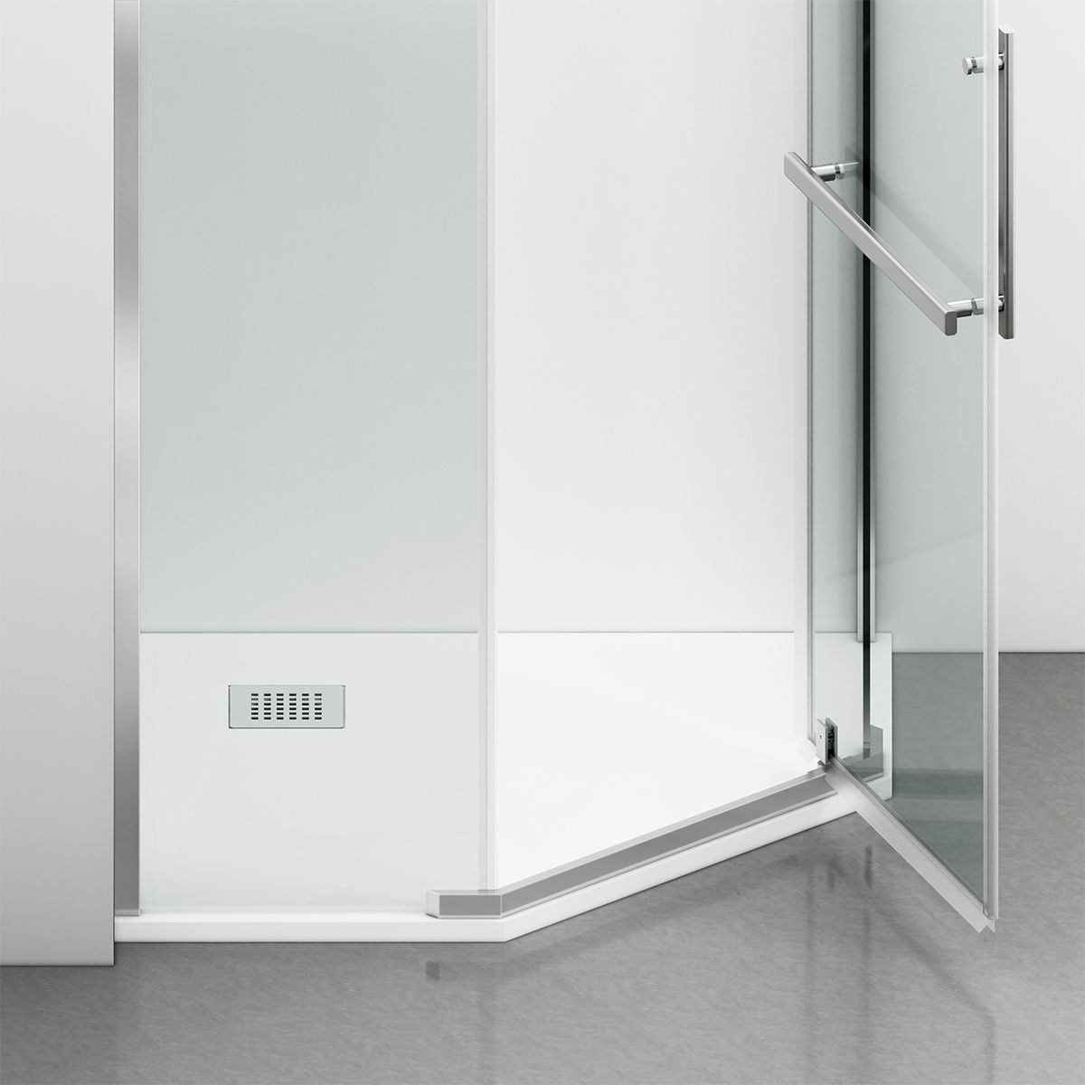 Cabina de dus, pentagonala, usa batanta, Crom, sticla 8 mm, suport prosoape, 2 rafturi, 90 x 90 cm, Nano Easy Clean, Leon