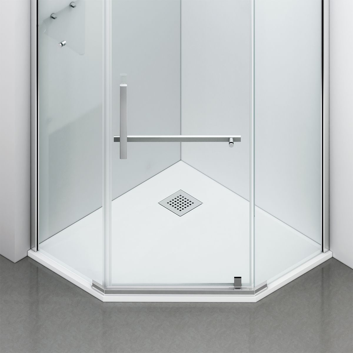 Cabina de dus, pentagonala, usa batanta, Crom, sticla 8 mm, suport prosoape, 2 rafturi, 90 x 90 cm, Nano Easy Clean, Leon