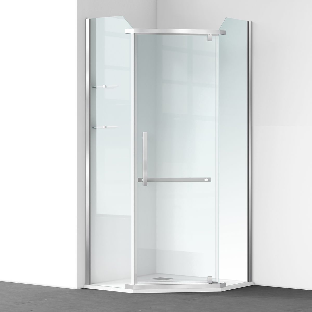 Cabina de dus, pentagonala, usa batanta, Crom, sticla 8 mm, suport prosoape, 2 rafturi, 90 x 90 cm, Nano Easy Clean, Leon