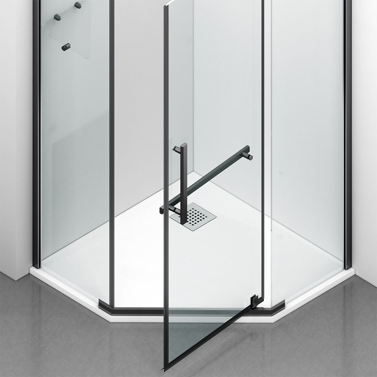 Cabina de dus, pentagonala, usa batanta, Negru Mat, sticla 8 mm, suport prosoape, 2 rafturi, 90 x 90 cm, Nano Easy Clean, Leon