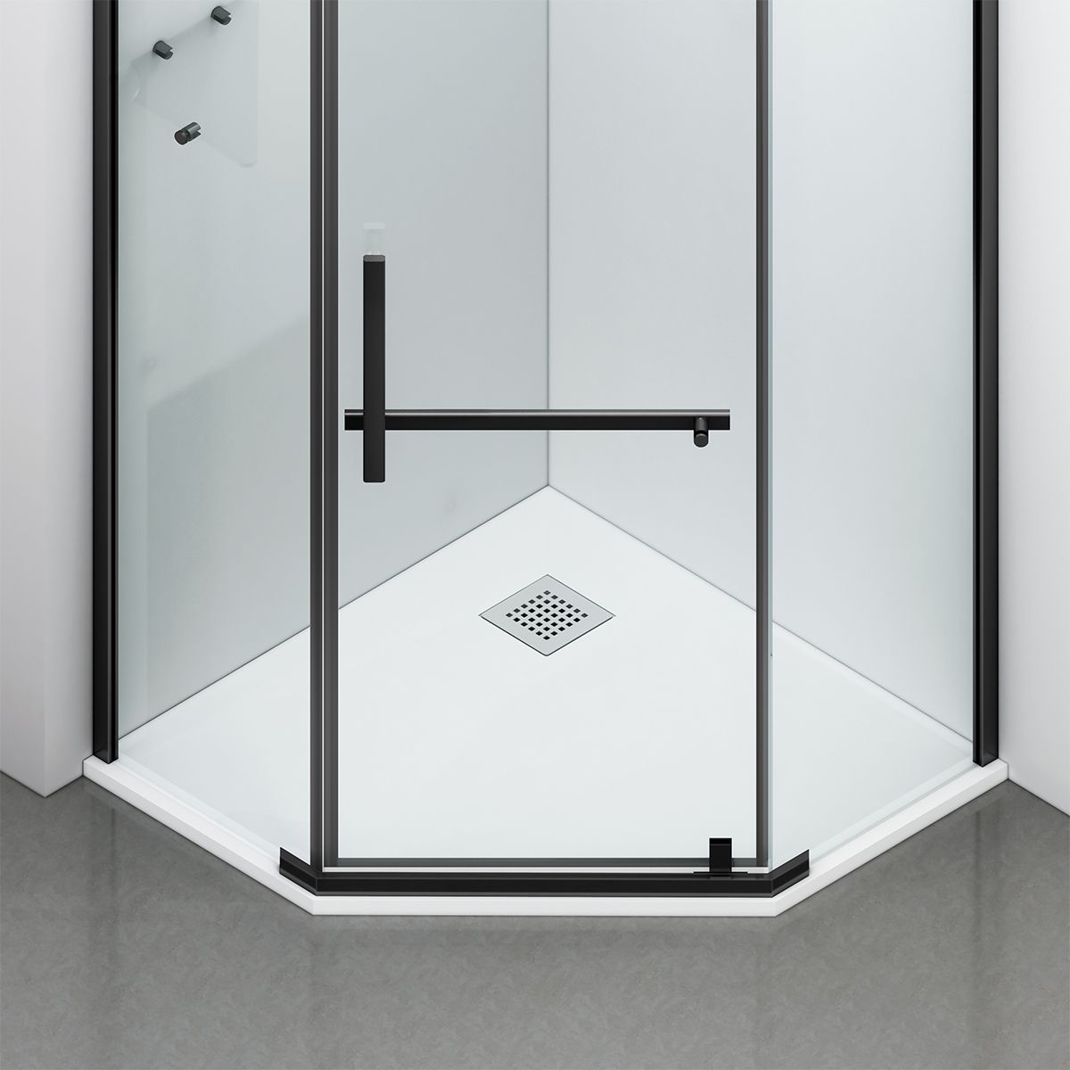 Cabina de dus, pentagonala, usa batanta, Negru Mat, sticla 8 mm, suport prosoape, 2 rafturi, 90 x 90 cm, Nano Easy Clean, Leon