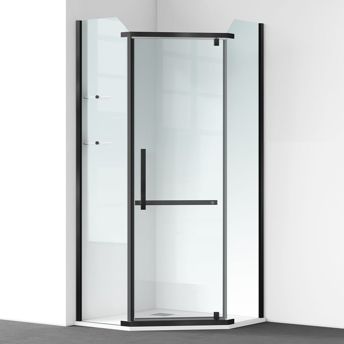 Cabina de dus, pentagonala, usa batanta, Negru Mat, sticla 8 mm, suport prosoape, 2 rafturi, 90 x 90 cm, Nano Easy Clean, Leon