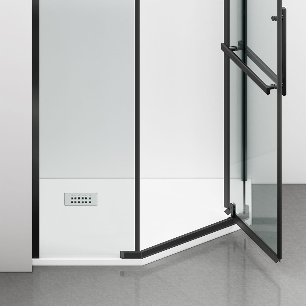 Cabina de dus, pentagonala, usa batanta, Negru Mat, sticla 8 mm, suport prosoape, 2 rafturi, 90 x 90 cm, Nano Easy Clean, Leon
