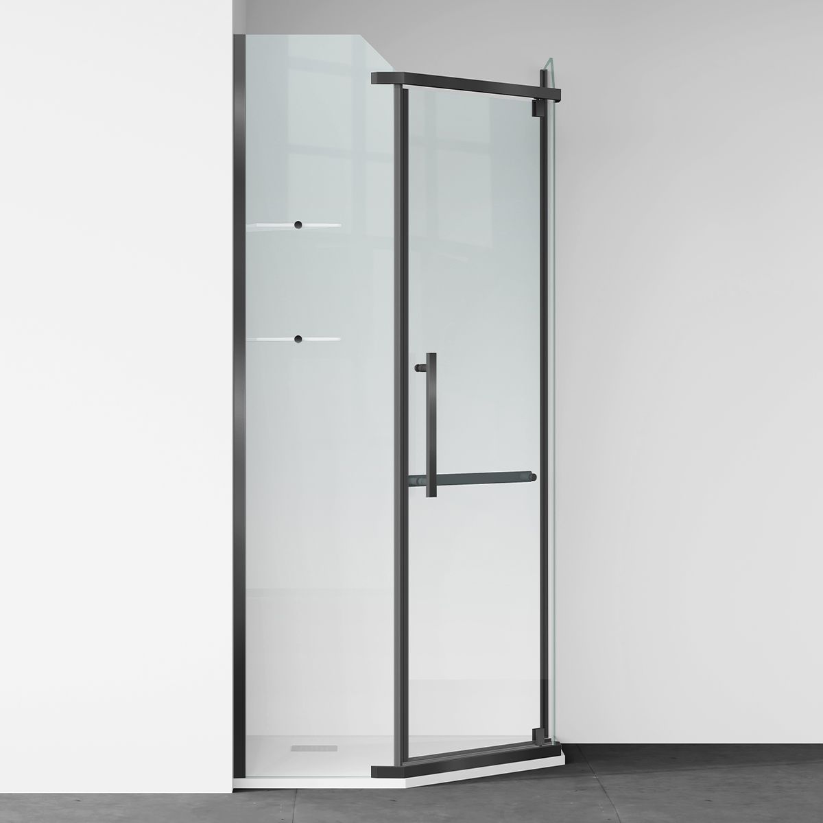Cabina de dus, pentagonala, usa batanta, Negru Mat, sticla 8 mm, suport prosoape, 2 rafturi, 90 x 90 cm, Nano Easy Clean, Leon