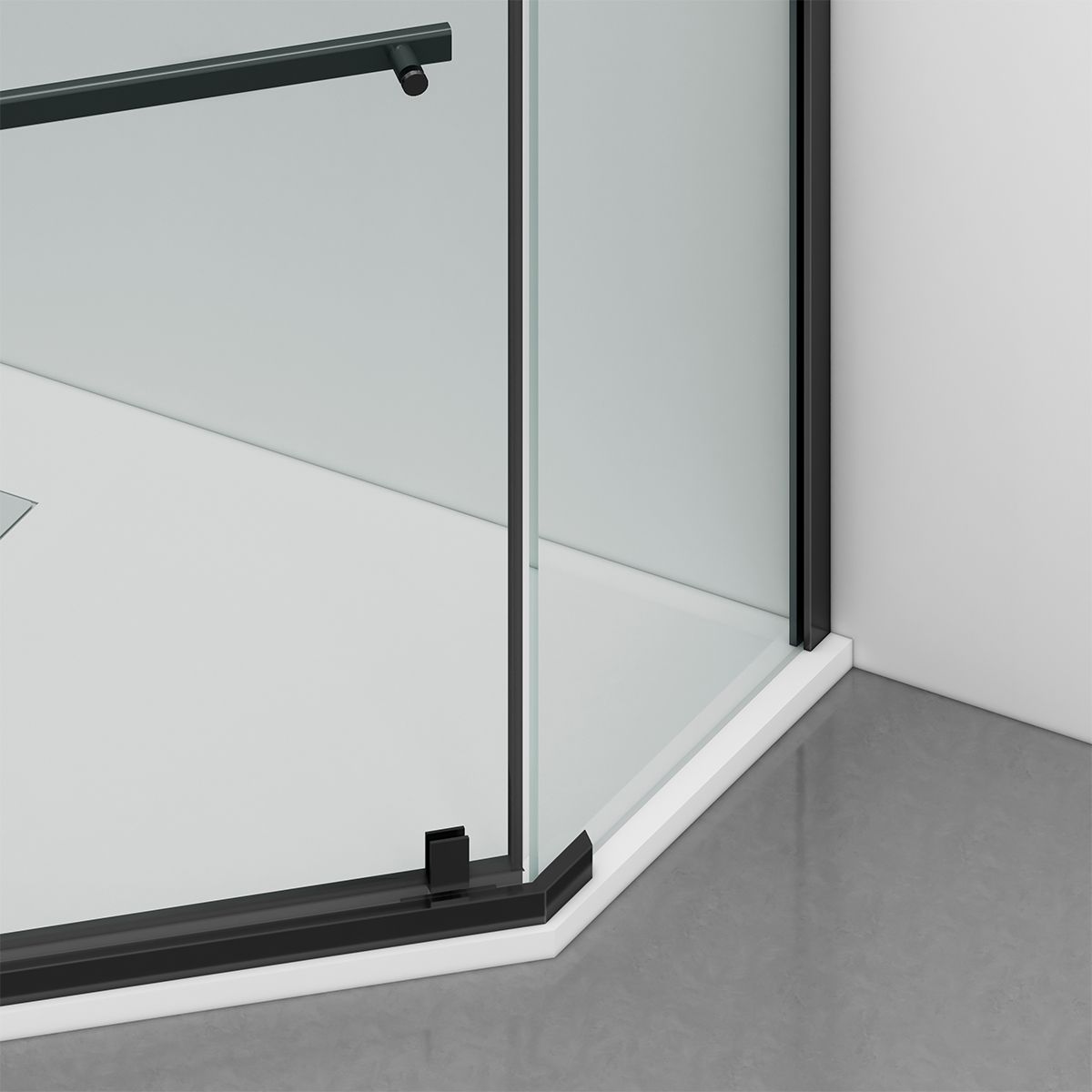 Cabina de dus, pentagonala, usa batanta, Negru Mat, sticla 8 mm, suport prosoape, 2 rafturi, 90 x 90 cm, Nano Easy Clean, Leon