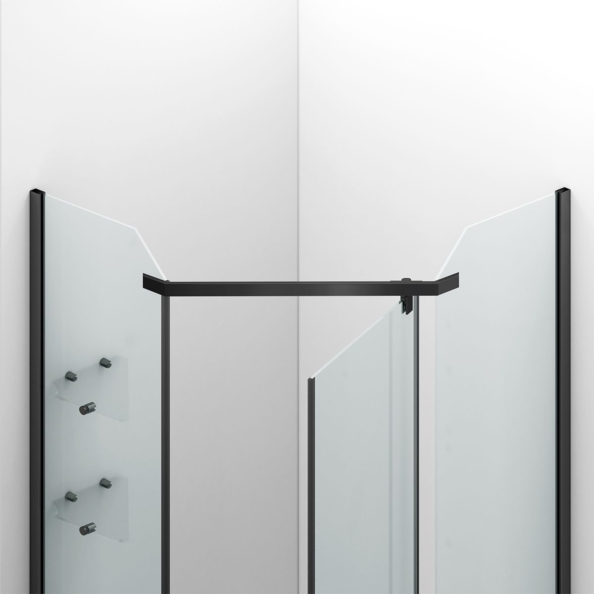 Cabina de dus, pentagonala, usa batanta, Negru Mat, sticla 8 mm, suport prosoape, 2 rafturi, 90 x 90 cm, Nano Easy Clean, Leon