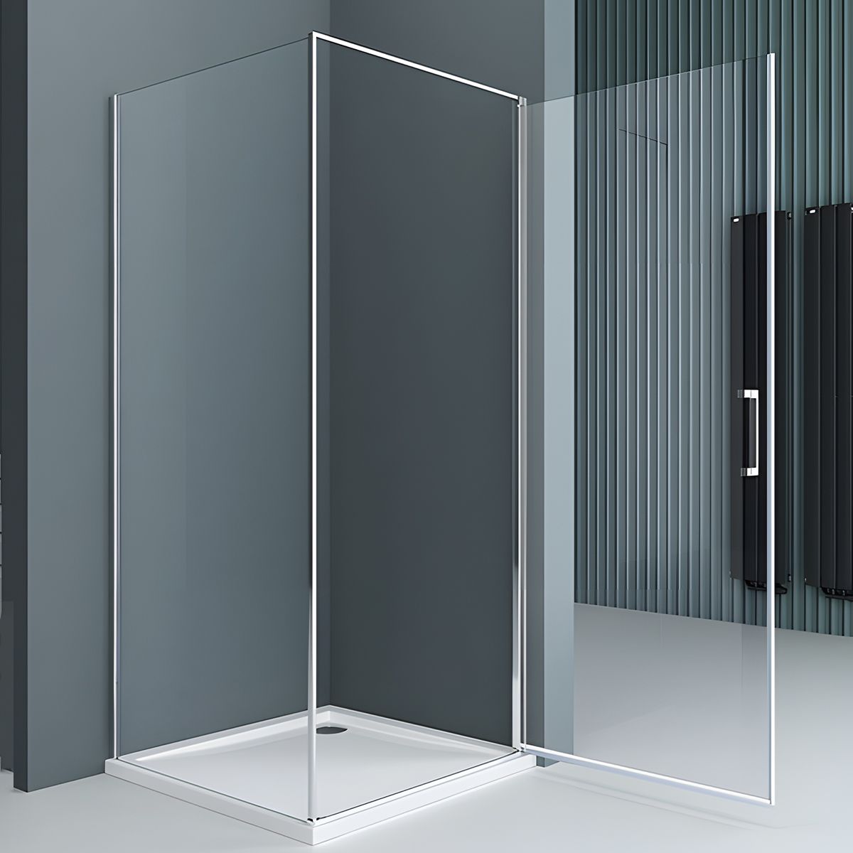 Cabina de dus, perete fix, usa batanta, sticla 8 mm, securizata, profil, maner Crom, dimensiuni: 90-100 x 90-100, Ego-36