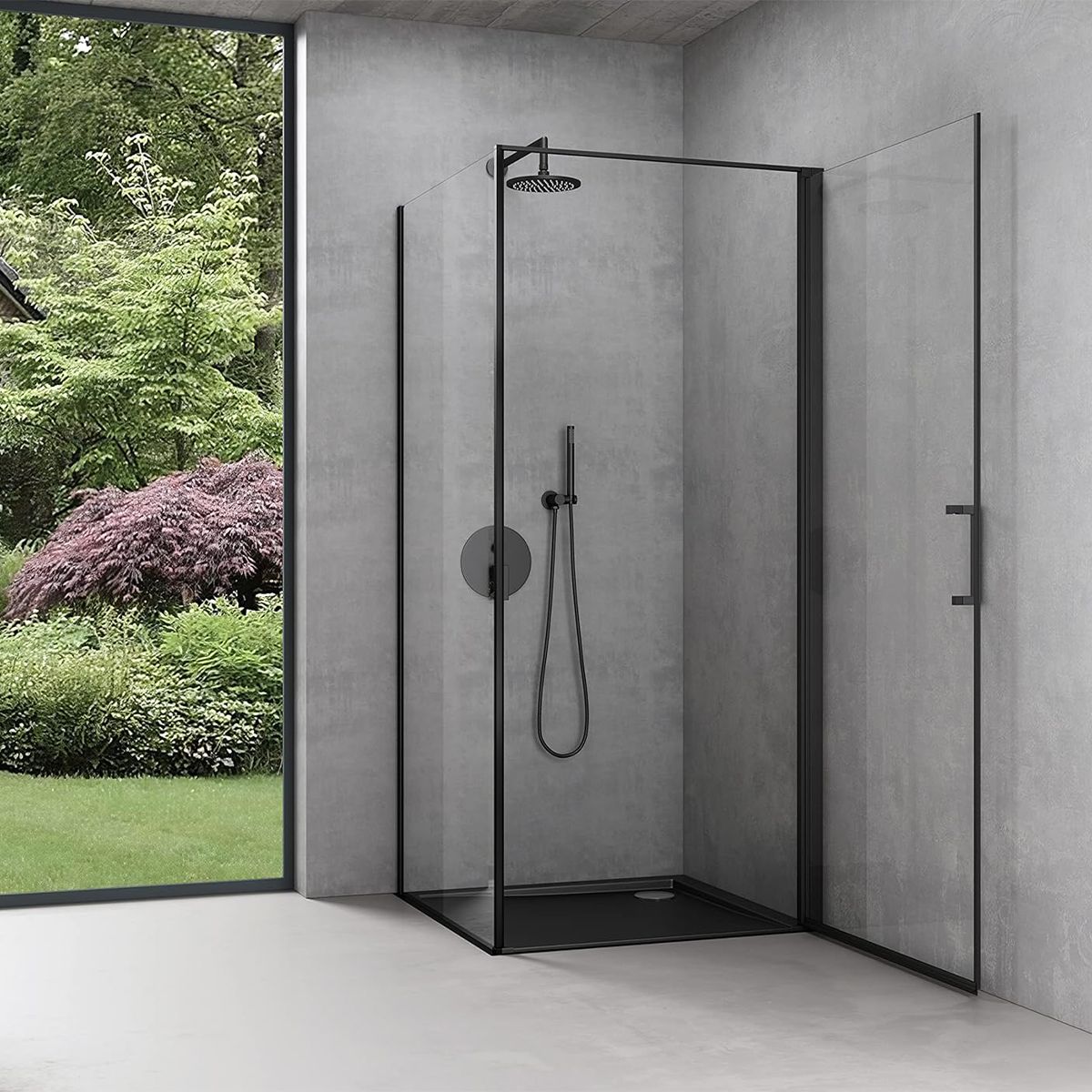Cabina de dus, perete fix, usa batanta, sticla 8 mm, securizata, profil, maner Negru, dimensiuni: 90-100 x 90-100, Ego-36