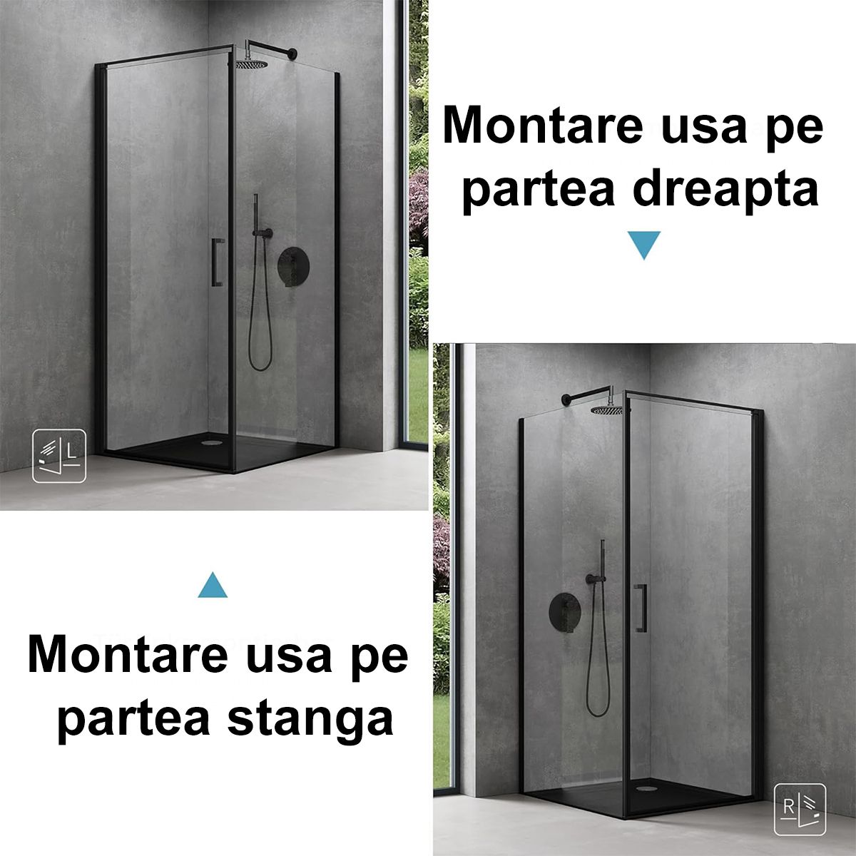 Cabina de dus, perete fix, usa batanta, sticla 8 mm, securizata, profil, maner Negru, dimensiuni: 90-100 x 90-100, Ego-36
