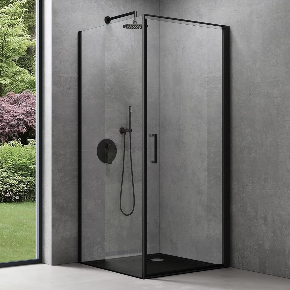 Cabina de dus, perete fix, usa batanta, sticla 8 mm, securizata, profil, maner Negru, dimensiuni: 90-100 x 90-100, Ego-36