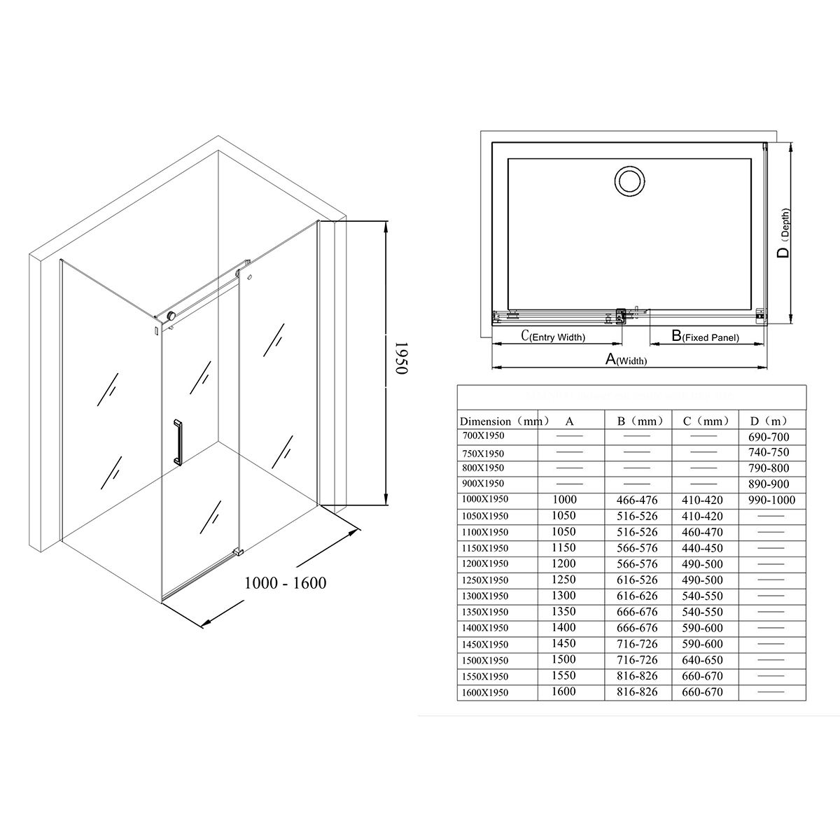 Cabina de dus, reversibila, perete fix si usa glisanta, sticla securizata 8 mm, dimensiuni la alegere, EGO-17