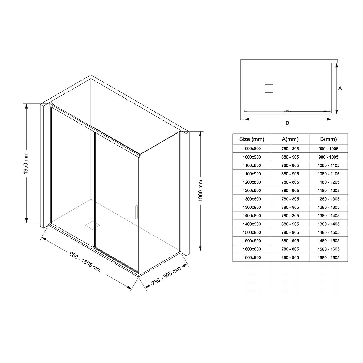 Cabina dus, perete fix si usa glisanta, sticla securizata de 6 mm, 70-90 x 90-160 cm, profil si maner Crom, Hanes