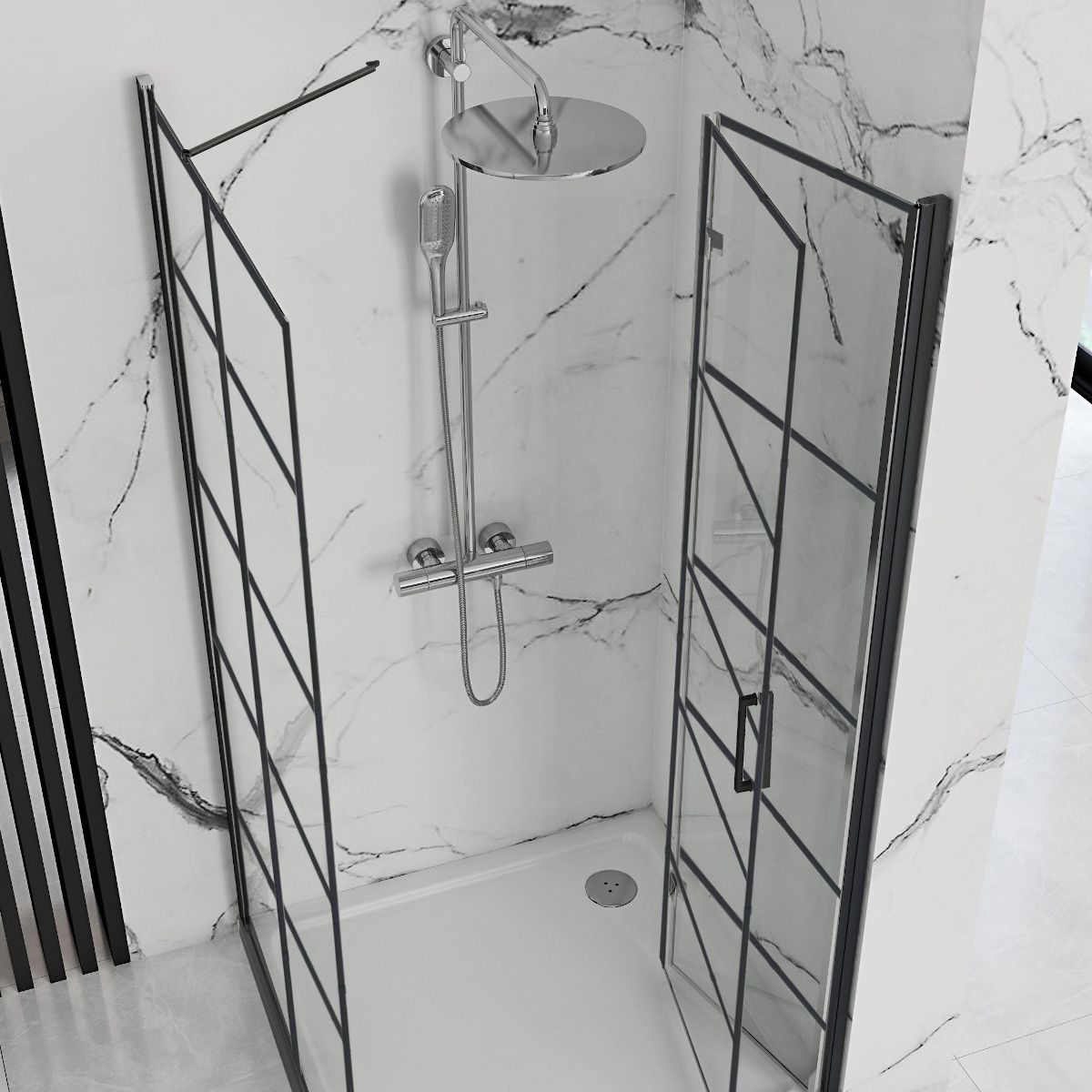 Cabina dus REA-Molier Black, perete fix si usa pliabila, sticla securizata 6 mm, 80-90 x 90 x190 cm, Easy Clean