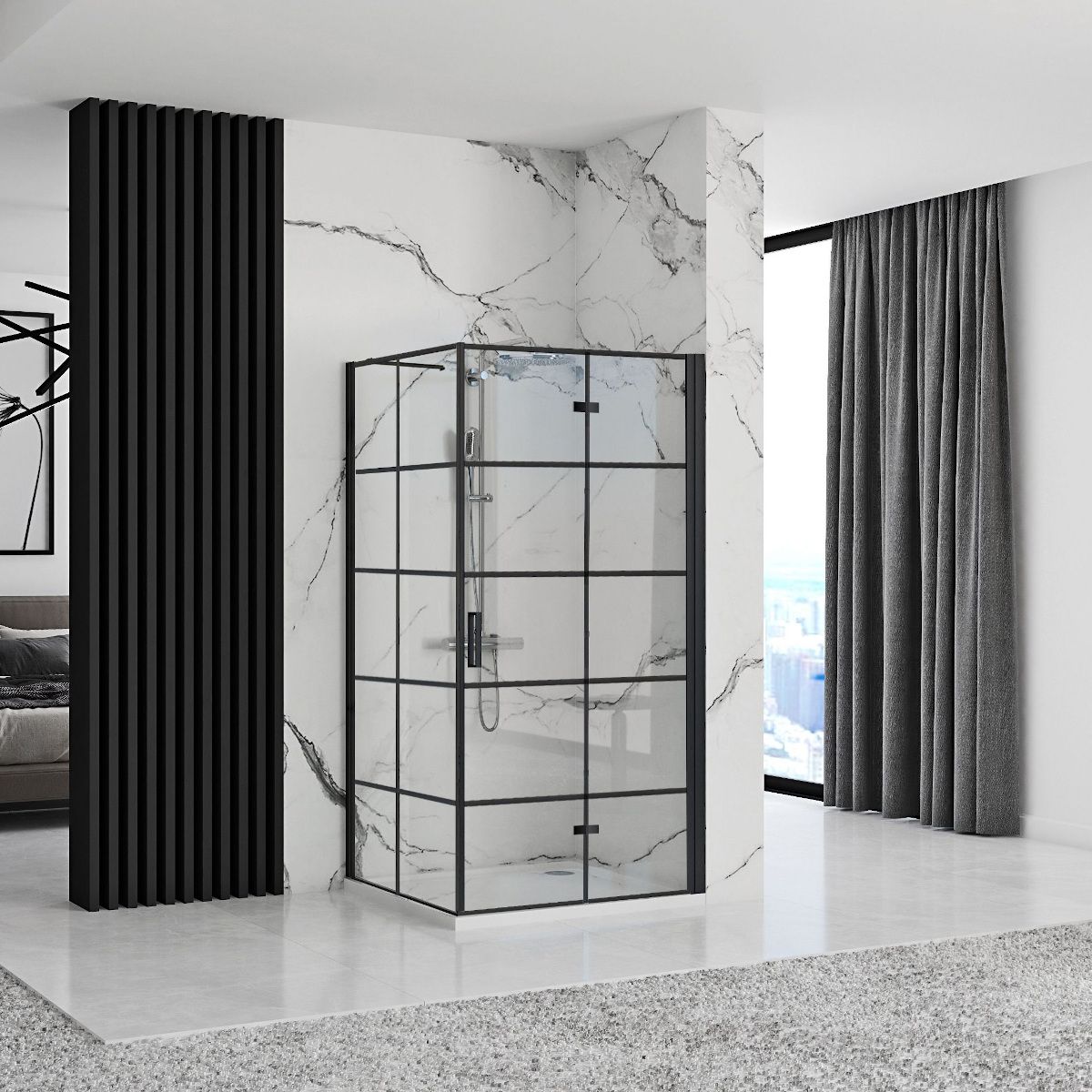 Cabina dus REA-Molier Black, perete fix si usa pliabila, sticla securizata 6 mm, 80-90 x 90 x190 cm, Easy Clean