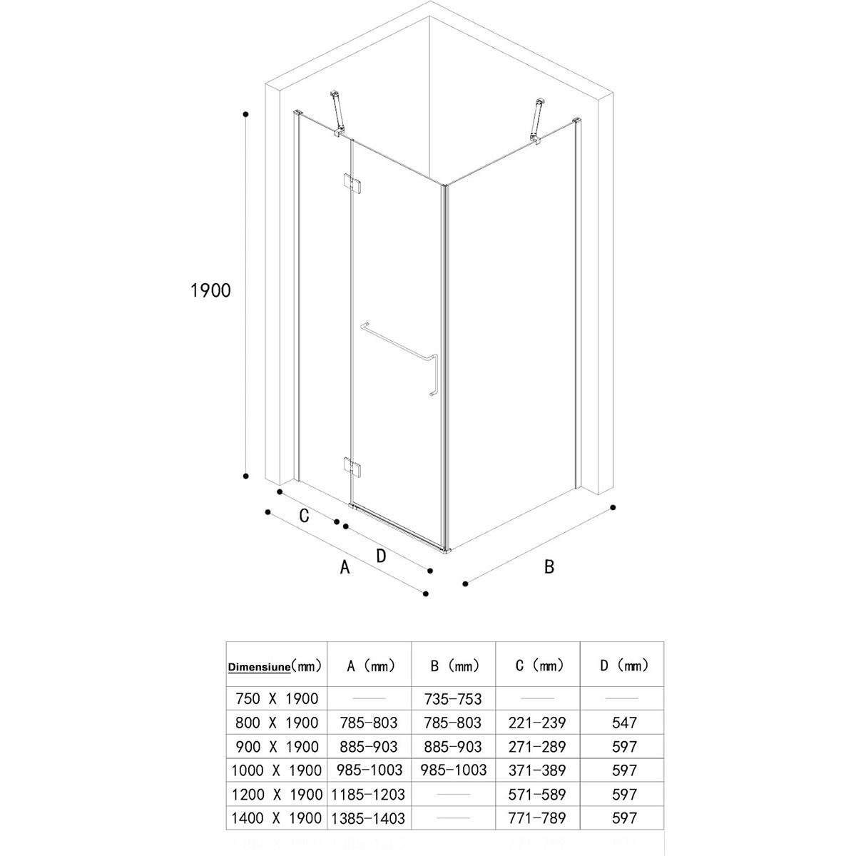 Cabina 04, perete fix si usa batanta, sticla securizata 6 mm, dimensiune 75-100x90-140 cm