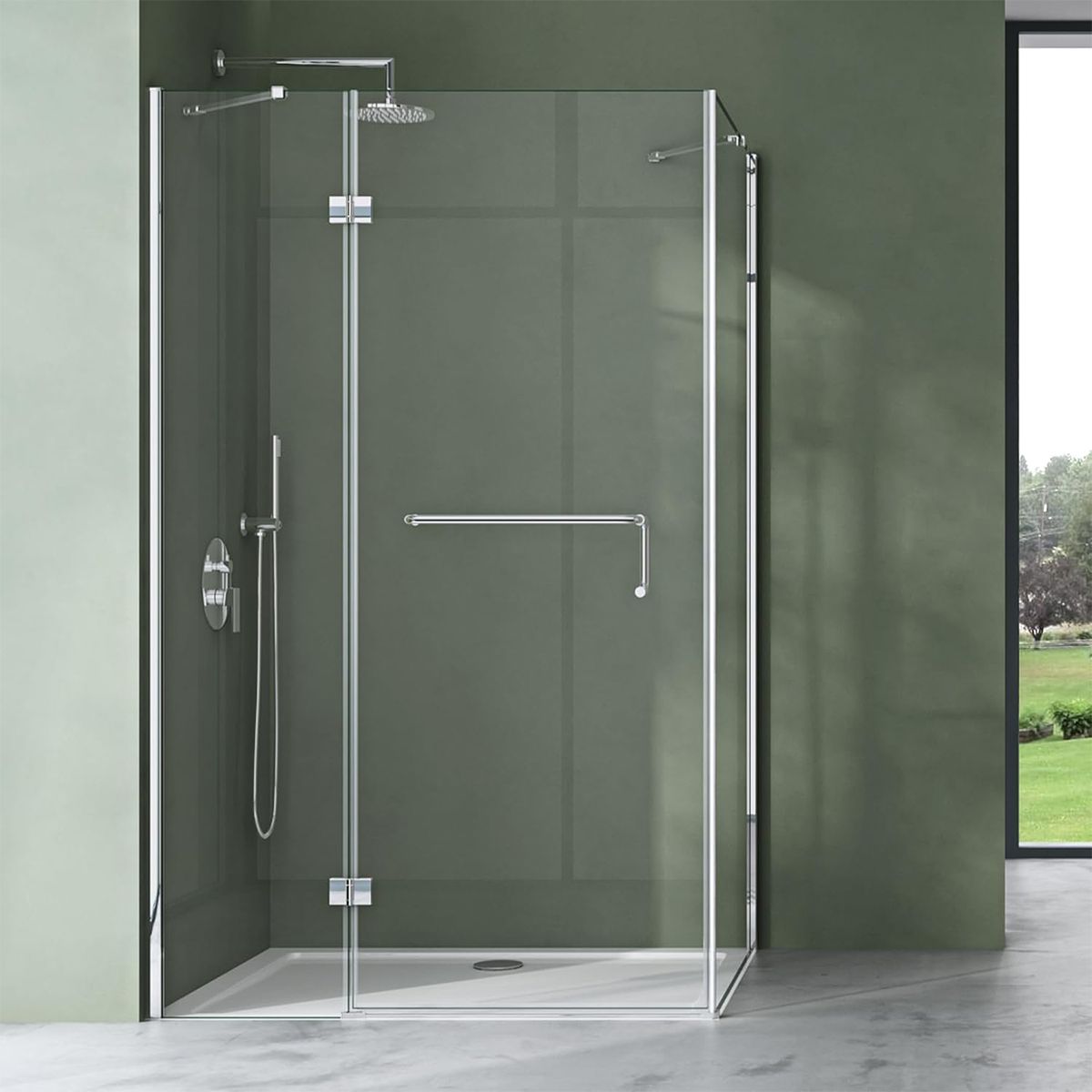 Cabina 04, perete fix si usa batanta, sticla securizata 6 mm, dimensiune 75-100x90-140 cm
