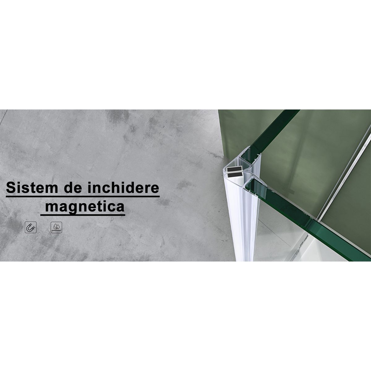 Cabina 04, perete fix si usa batanta, sticla securizata 6 mm, dimensiune 75-100x90-140 cm