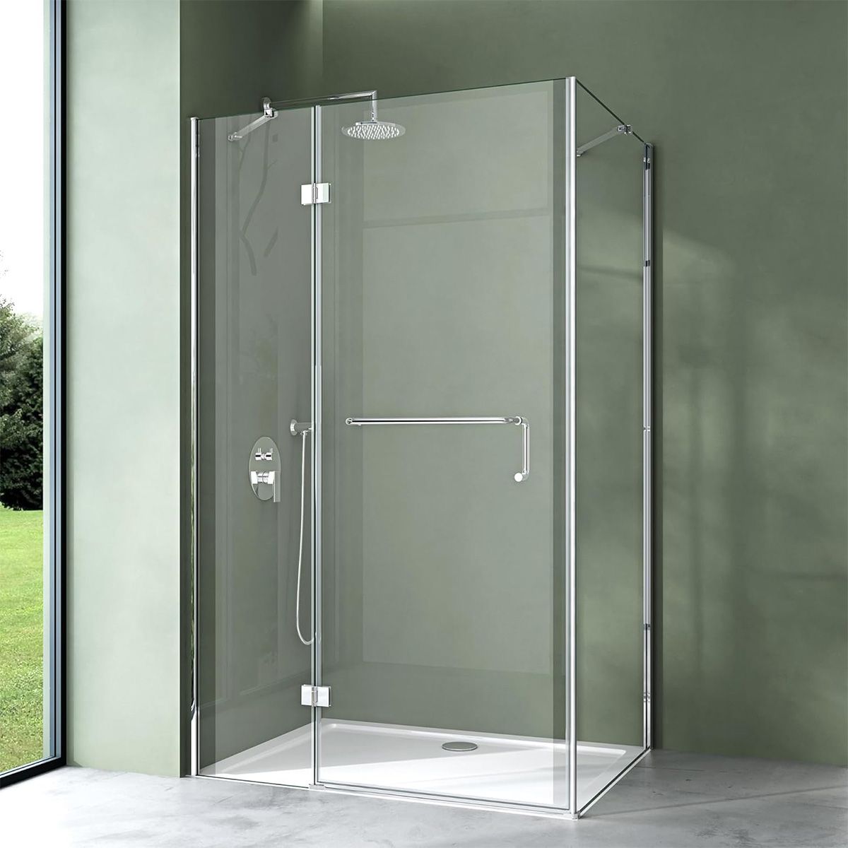 Cabina 04, perete fix si usa batanta, sticla securizata 6 mm, dimensiune 75-100x90-140 cm
