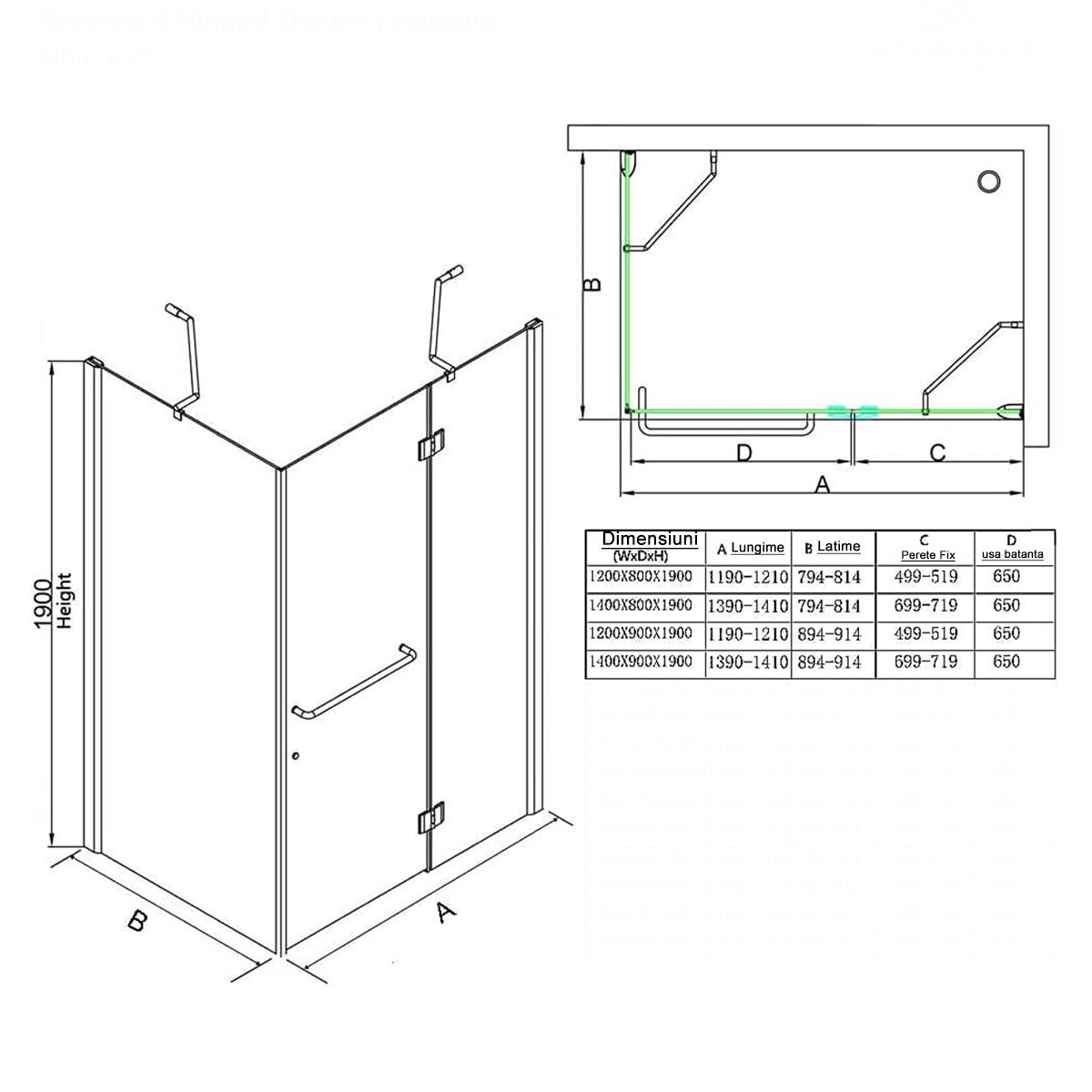 Cabina EGO-04, sablata perete fix si usa batanta, sticla securizata 6 mm, 120-140x80-90 cm, montaj stanga dreapta