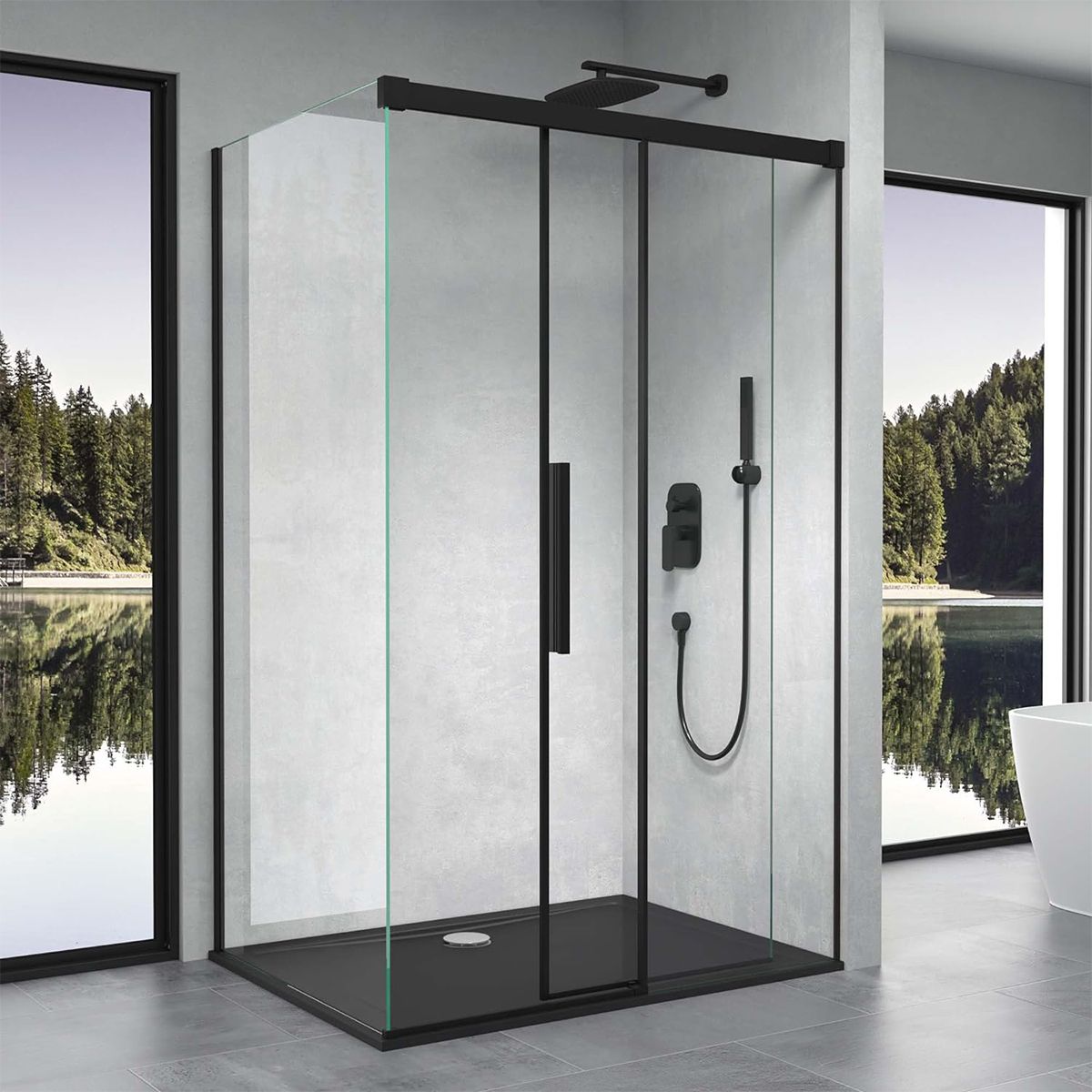 Cabina Ego 12, negru mat, 80, 90, 100 x 100, 120, 140 cm, sticla securizata 6 mm, perete fix, usa glisanta, Easy Clean