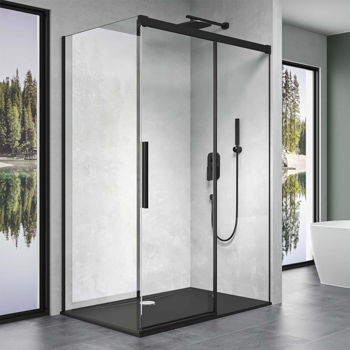 Cabina Ego 12, negru mat, 80, 90, 100 x 100, 120, 140 cm, sticla securizata 6 mm, perete fix, usa glisanta, Easy Clean