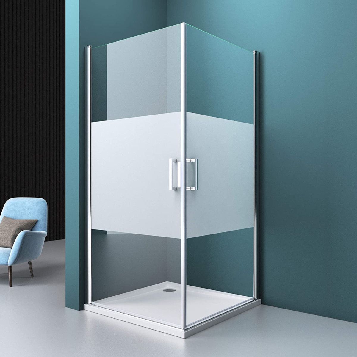 Cabina EGO-24, sticla securizata 6mm , Sablata Partial, 85x85 cm, 2 usi Batante, Deschidere 180°