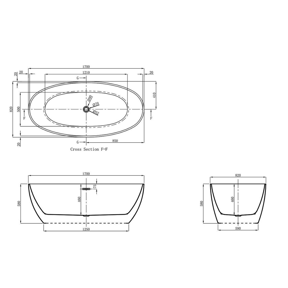 Cada de baie  Acril sanitar, Alb Lucios interior/exterior, 170x82 cm, izolare termica, freestanding, Linea