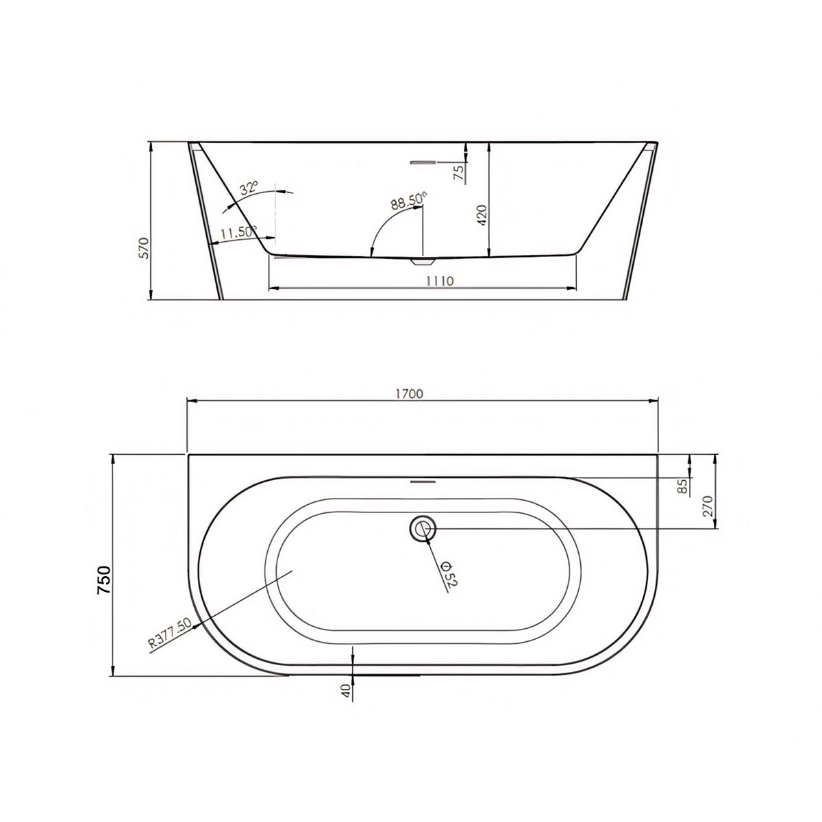 Cada de baie, Alb Lucios, acril termoactiv, freestanding, 170x75 cm, EGO 519