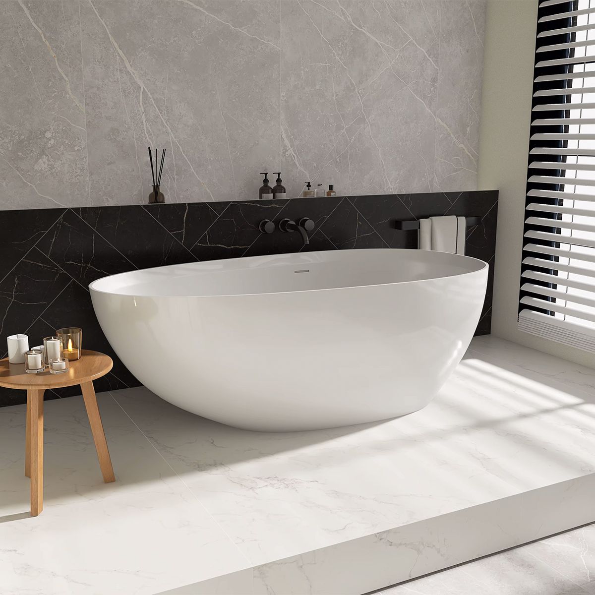 Cada de baie, compozit mineral, freestanding, ventil alb inclus, Alb Lucios, 170x78 cm, Aveline