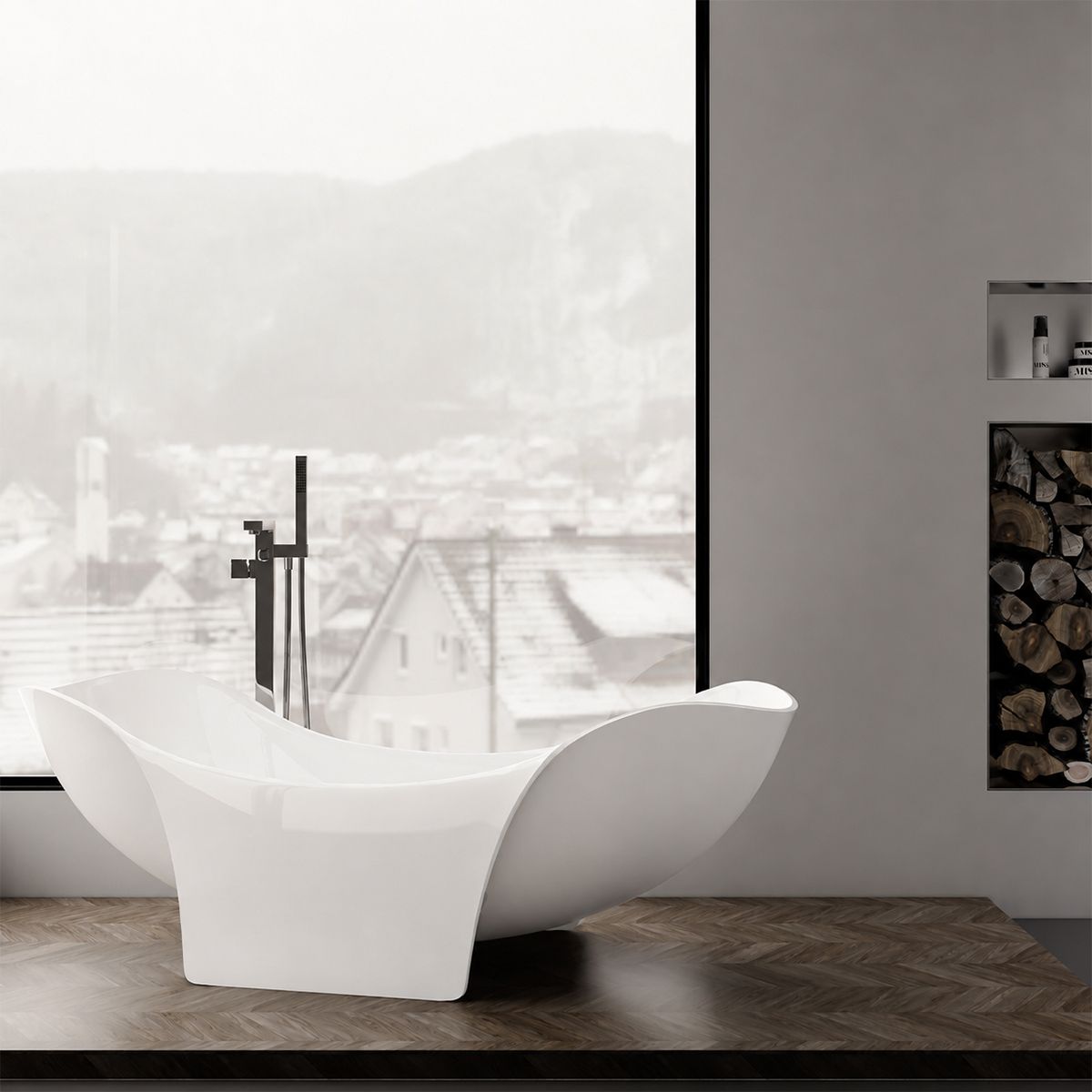 Cada de baie, compozit mineral, freestanding, ventil-alb-inclus, Alb Lucios, 170x82x62 cm, Nirvana