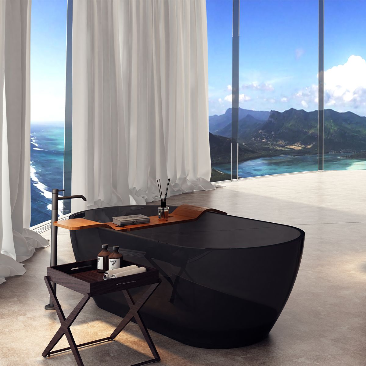 Cada de baie, CristalMood, freestanding, Negru transparent, 170x80 cm, ventil inclus, Sole