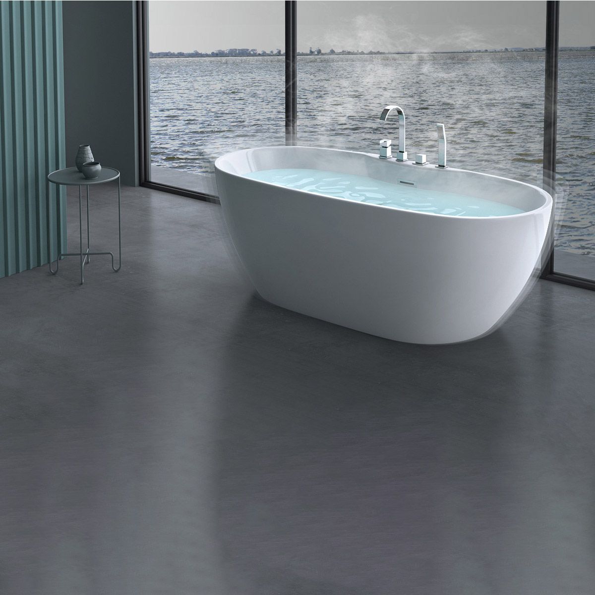 Cada de baie EGO 605, freestanding, 170 cm, baterie integrata cu finisaj crom, acril sanitar termoactiv, alb