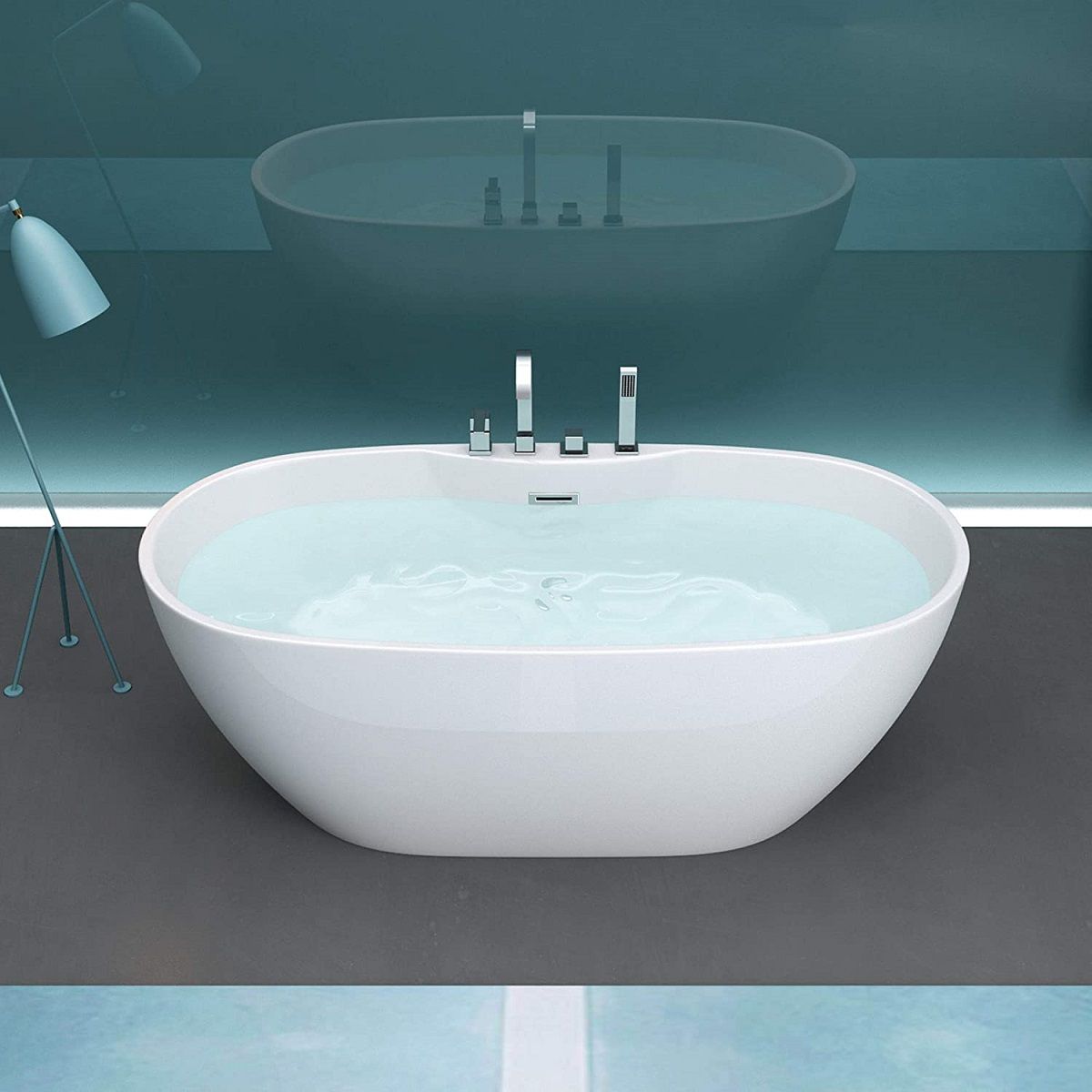 Cada de baie EGO 605, freestanding, 170 cm, baterie integrata cu finisaj crom, acril sanitar termoactiv, alb