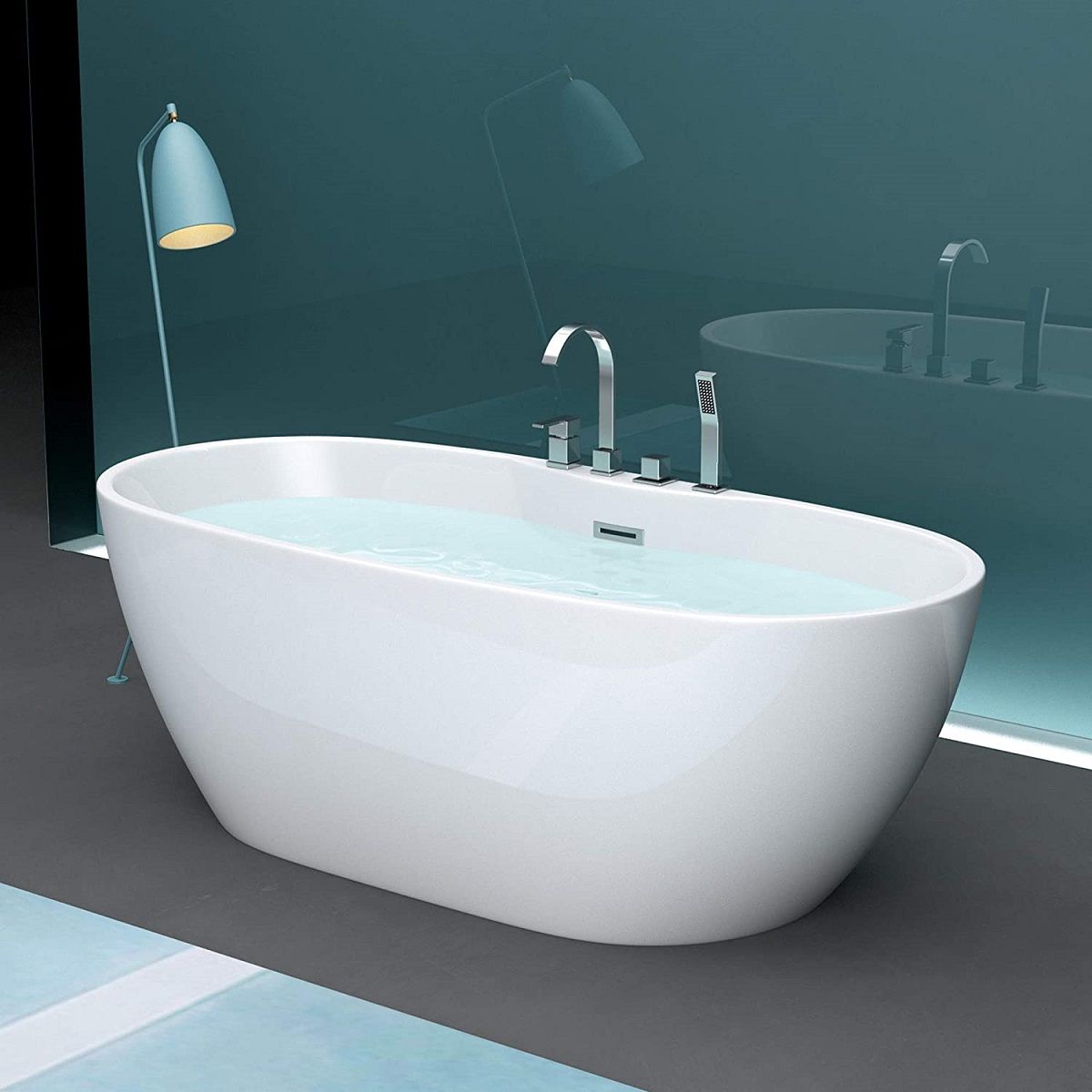 Cada de baie EGO 605, freestanding, 170 cm, baterie integrata cu finisaj crom, acril sanitar termoactiv, alb
