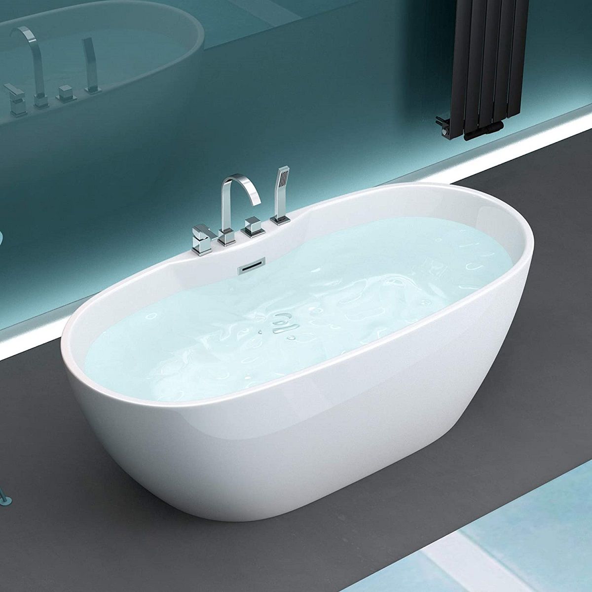 Cada de baie EGO 605, freestanding, 170 cm, baterie integrata cu finisaj crom, acril sanitar termoactiv, alb
