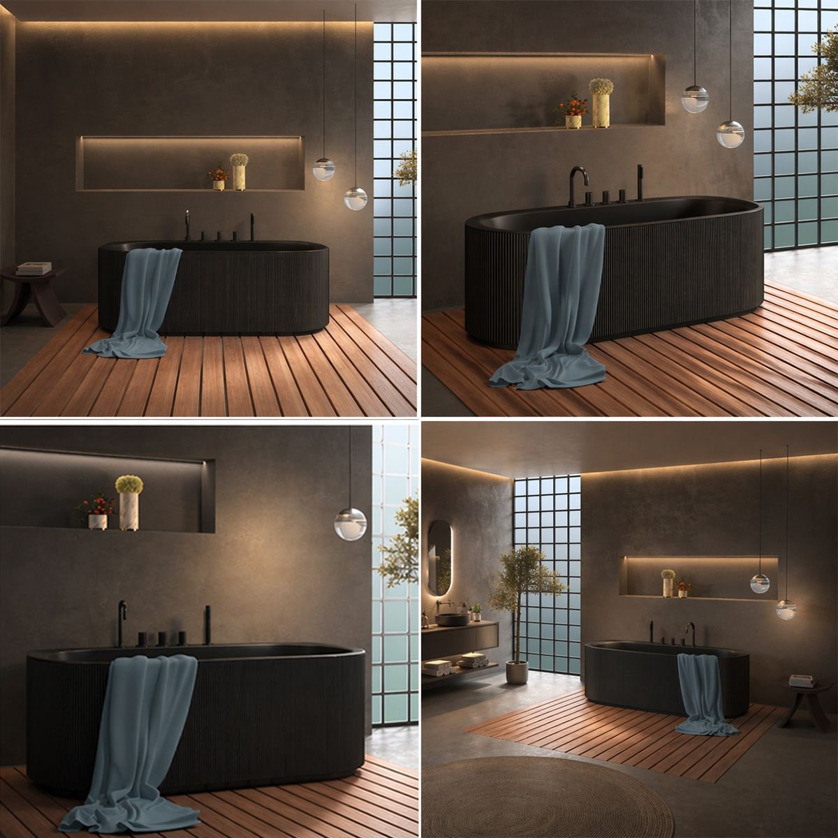 Cada de baie, freestanding, 170x80 cm, baterie si ventil inclus, Negru Mat interior/exterior, Acril, Eden