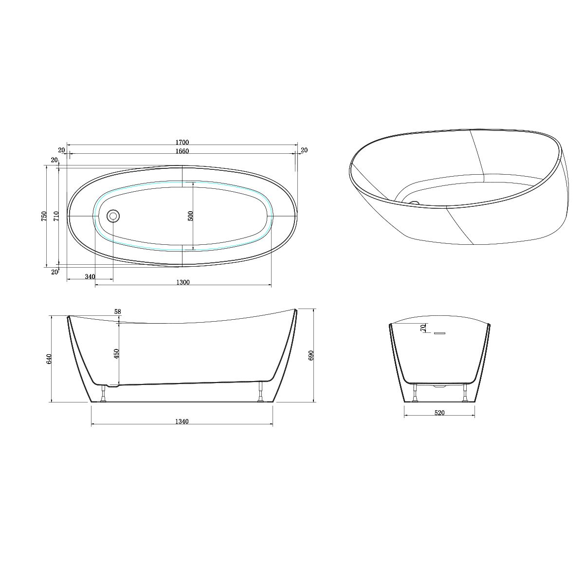 Cada de baie freestanding, Acril sanitar, Alb Lucios, 170x75 cm, izolare termica, Ania