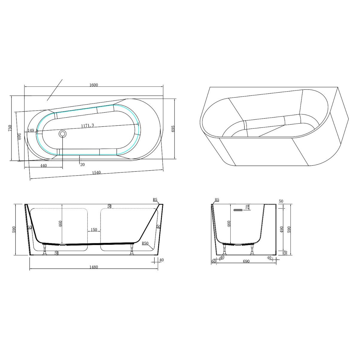 Cada de baie freestanding, Acril sanitar, Alb Lucios interior si exterior, 160,170 sau 180 cm, izolare termica, Joe