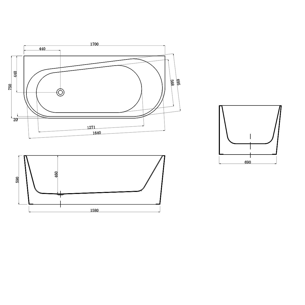Cada de baie freestanding, Acril sanitar, Negru Lucios, 170x75 cm, izolare termica, Joe