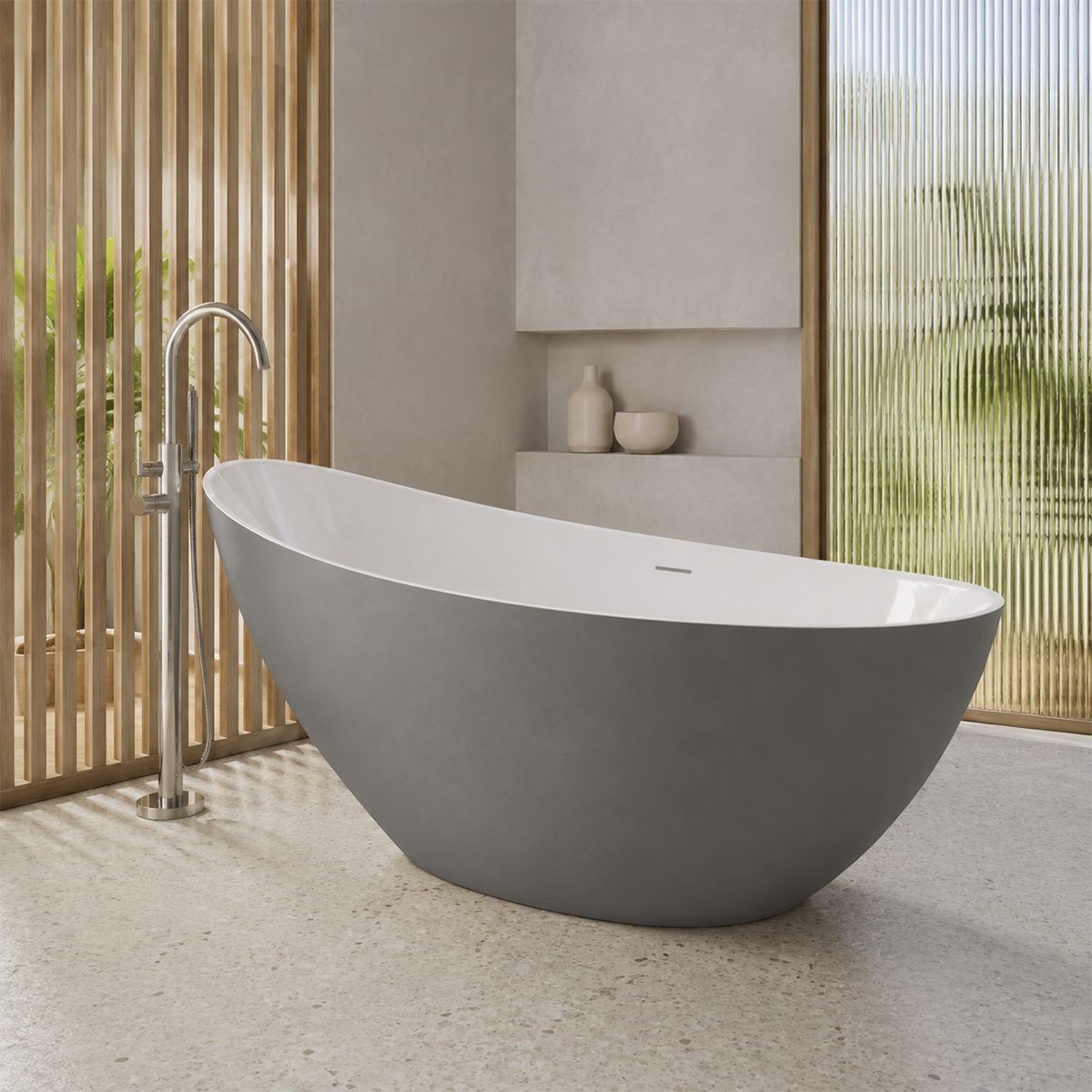Cada de baie, freestanding, acril, ventil si preaplin crom inclus, Gri Mat exterior Alb Lucios interior, 160x80 cm, Cairo