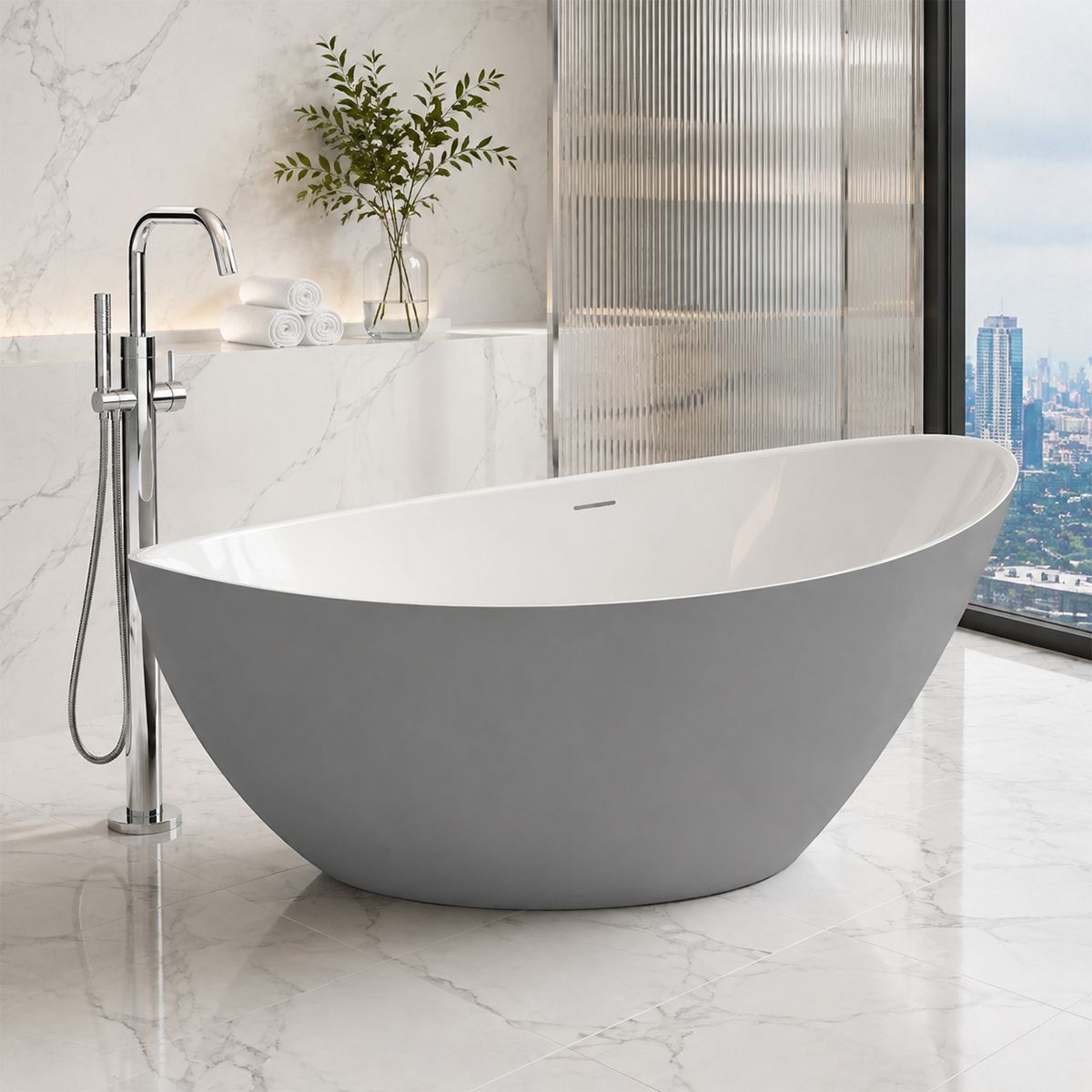 Cada de baie, freestanding, acril, ventil si preaplin crom inclus, Gri Mat exterior Alb Lucios interior, 160x80 cm, Cairo