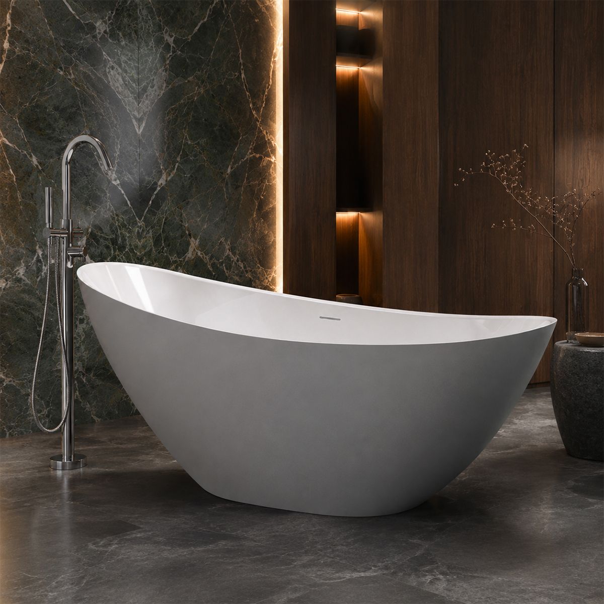 Cada de baie, freestanding, acril, ventil si preaplin crom inclus, Gri Mat exterior Alb Lucios interior, 160x80 cm, Cairo