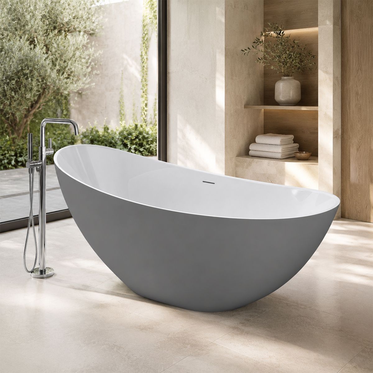 Cada de baie, freestanding, acril, ventil si preaplin crom inclus, Gri Mat exterior Alb Lucios interior, 160x80 cm, Cairo
