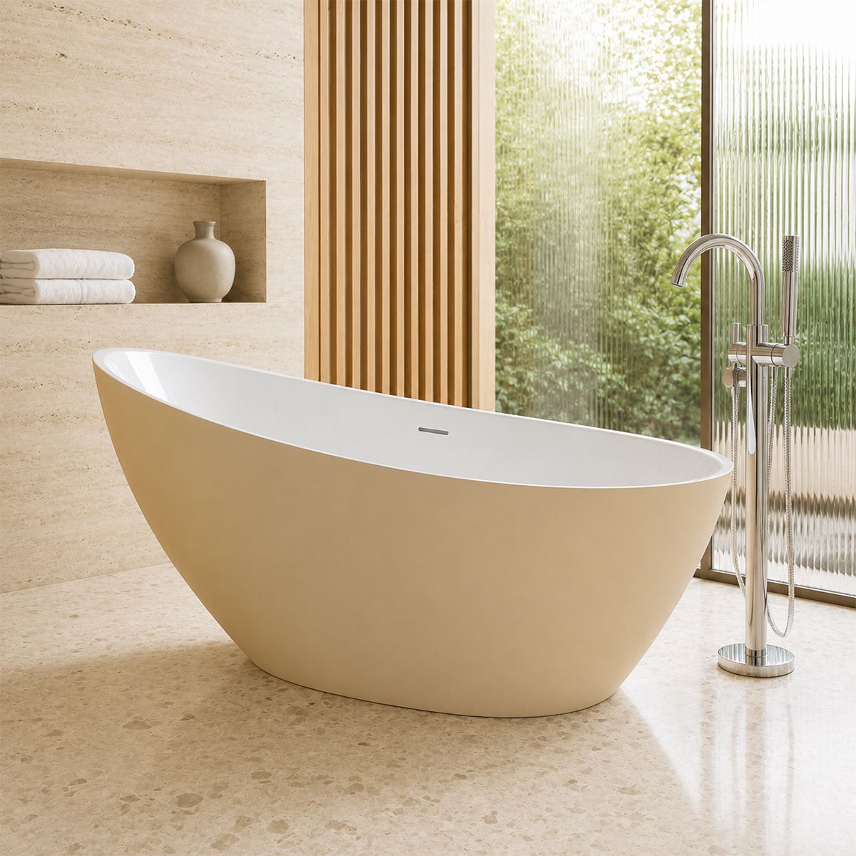 Cada de baie, freestanding, acril, ventil si preaplin crom inclus, Jasmine Mat exterior Alb Lucios interior, 160x80 cm, Cairo