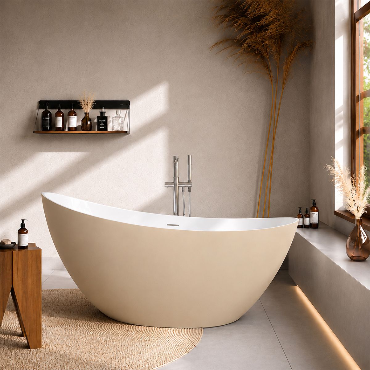 Cada de baie, freestanding, acril, ventil si preaplin crom inclus, Jasmine Mat exterior Alb Lucios interior, 160x80 cm, Cairo