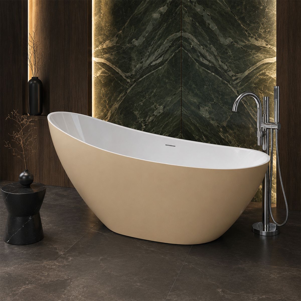 Cada de baie, freestanding, acril, ventil si preaplin crom inclus, Jasmine Mat exterior Alb Lucios interior, 160x80 cm, Cairo