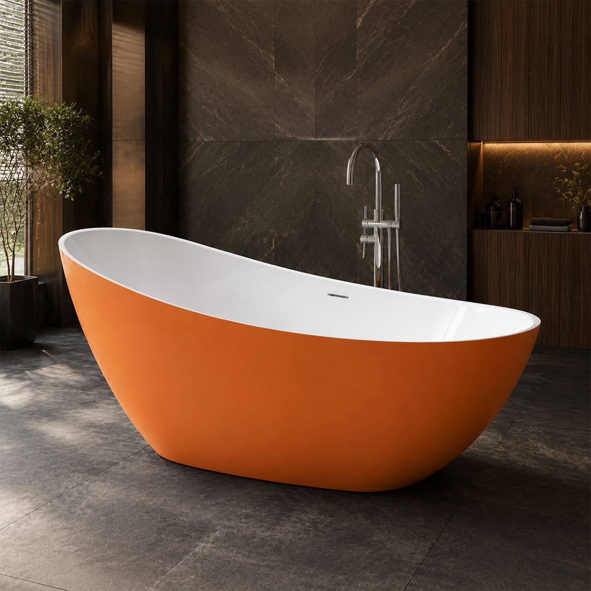 Cada de baie, freestanding, acril, ventil si preaplin crom inclus, Orange Mat exterior Alb Lucios interior, 160x80 cm, Cairo
