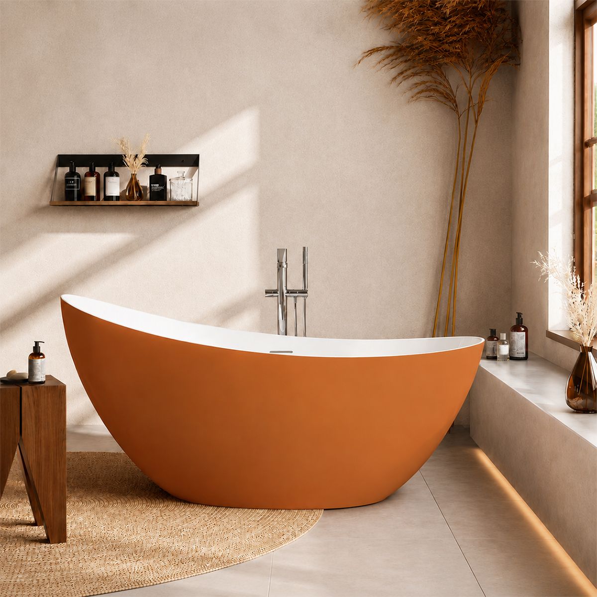 Cada de baie, freestanding, acril, ventil si preaplin crom inclus, Orange Mat exterior Alb Lucios interior, 160x80 cm, Cairo